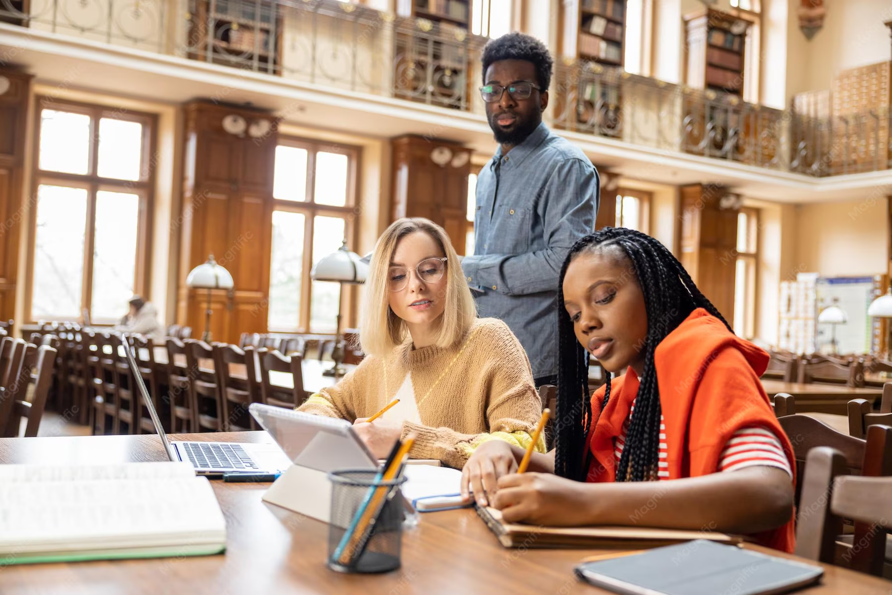 Diverse students collaborating and studying together in a university library