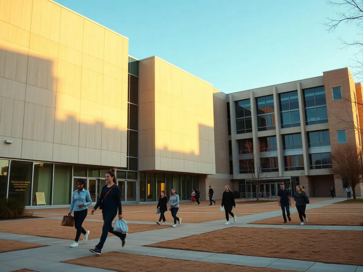 Students walking past a modern university campus building at golden hour